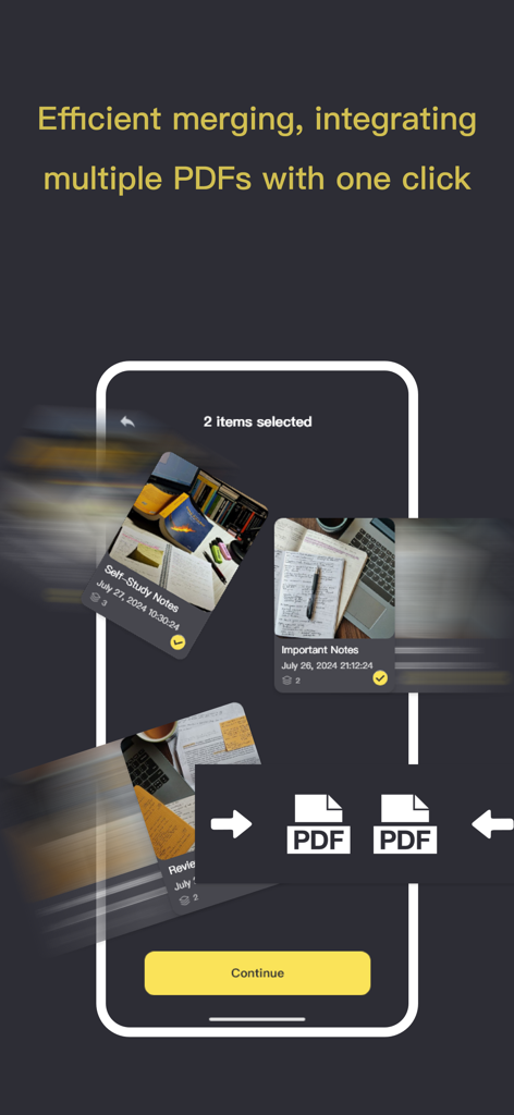 PDF Reader - Viewer&Scanner - Captura de pantalla de la app Lector PDF mostrando la función para fusionar e integrar múltiples documentos con un solo clic.