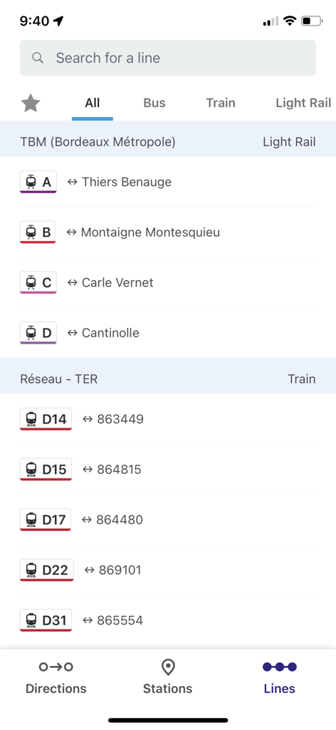 Modalis - Modalis app screen showing light rail and train lines in Bordeaux