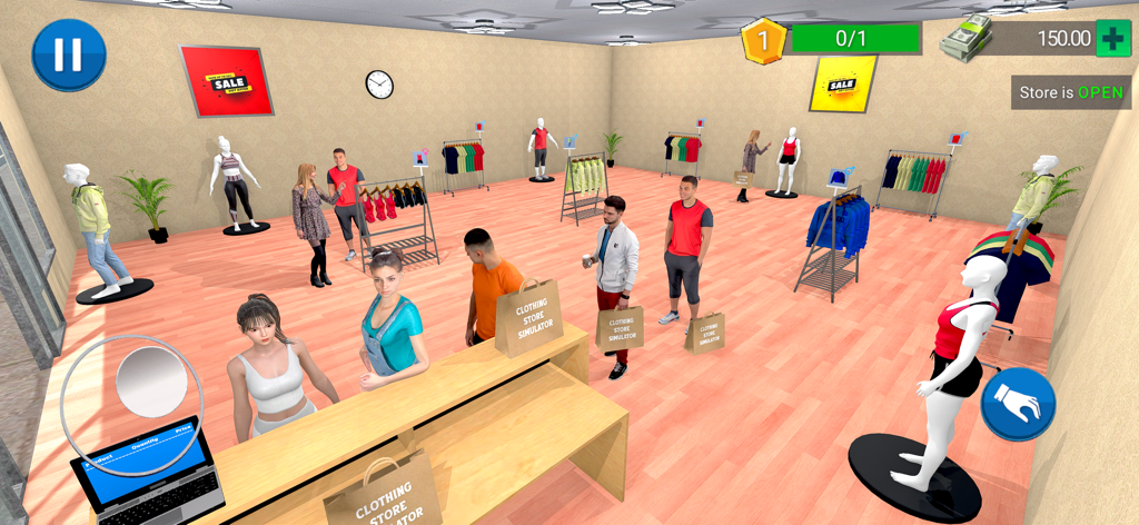 Clothing Store Simulator Game - Interior view of a fashion boutique with customers and clothing racks in a 3D store simulator game.