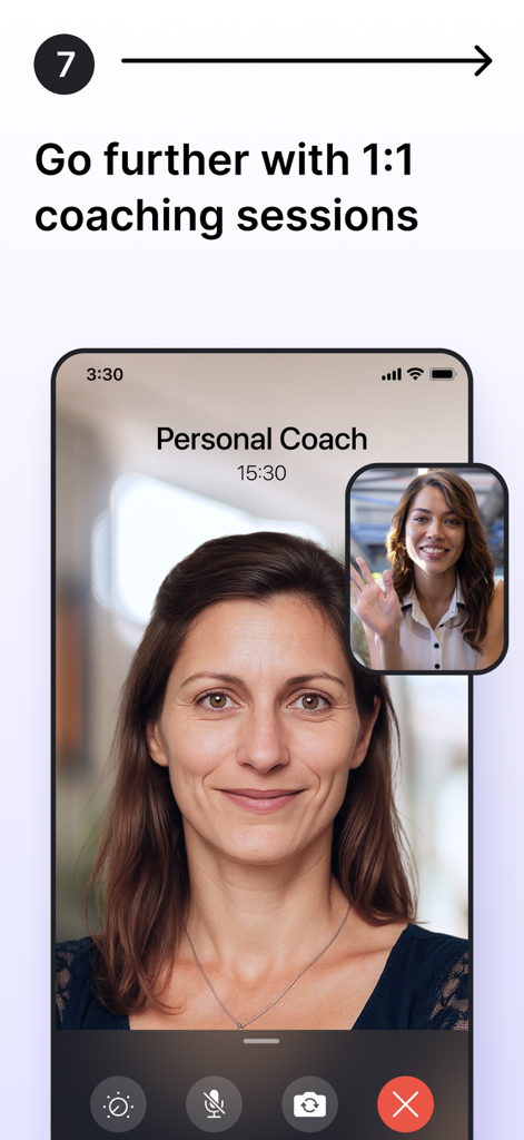 AddMileアプリのビデオ通話インターフェース。女性メンターとの1対1コーチングセッションを示す