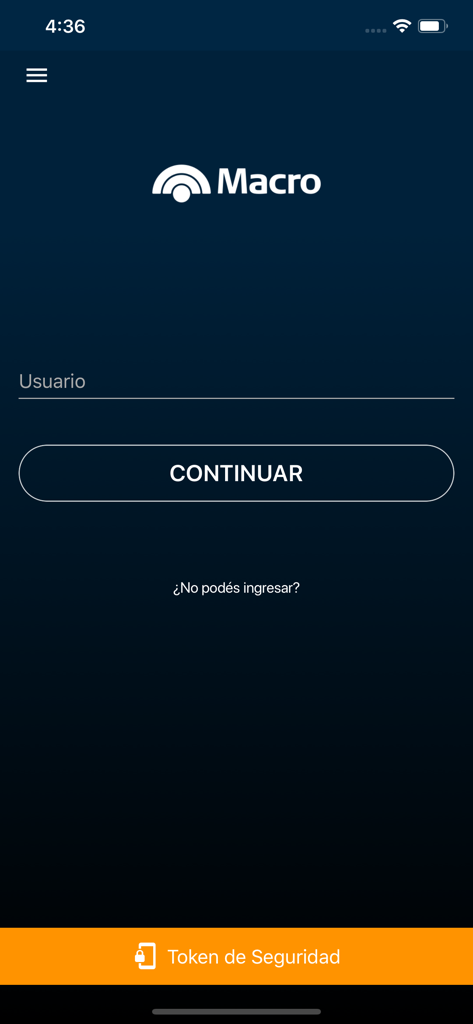 Interfaz de inicio de sesión de la aplicación móvil Macro Empresas para banca empresarial con campo de entrada de usuario y acceso a token de seguridad.