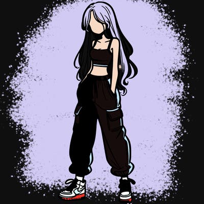 girl in baggy pants crop top and long hair