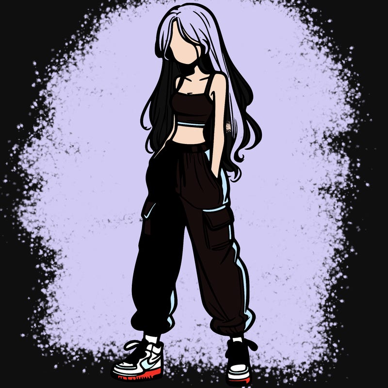 girl in baggy pants crop top and long hair