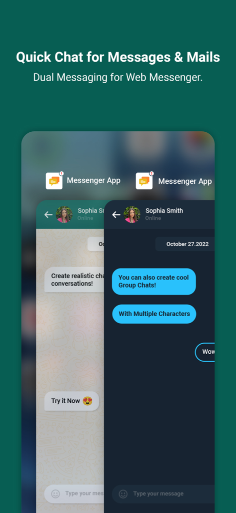 Interfaz de la aplicación Quick Chat que muestra funciones de mensajería dual y chat grupal.