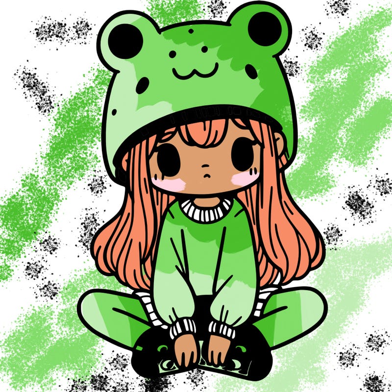 a girl wearing a frog hat and some frog socks
