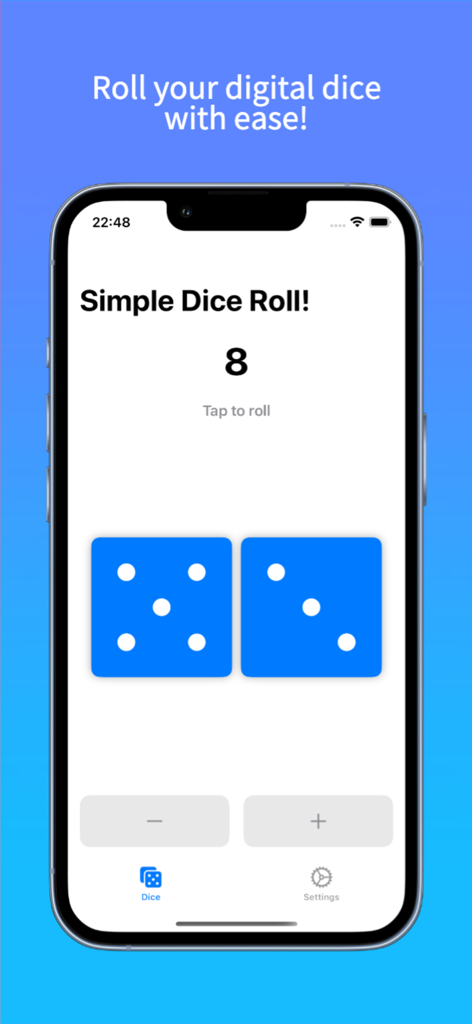 Simple Dice Roll! - Pantalla del iPhone que muestra la interfaz de la aplicación Simple Dice Roll con dos dados azules que suman ocho.