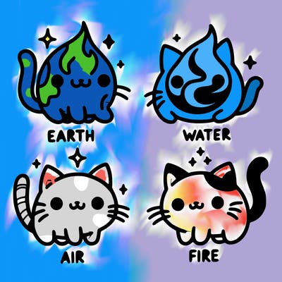 4 cats that represent the different elements, earth, water, air, and fire