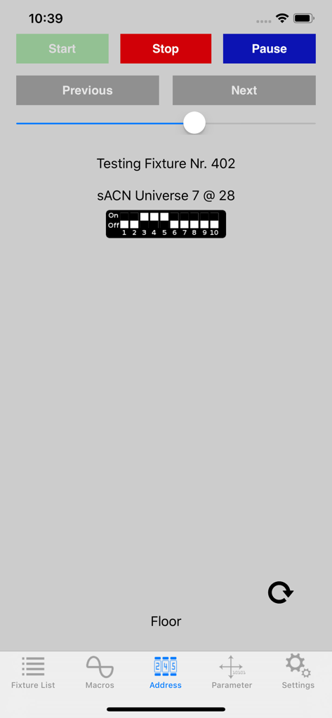 Fixture Tester - Fixture Tester app interface for the Address Test featuring sACN universe details and DIP switch settings