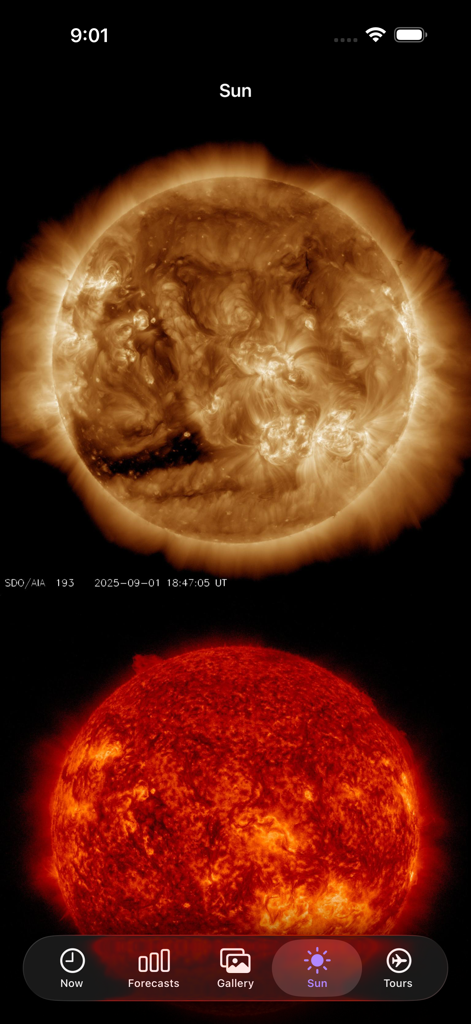 High resolution sun imagery for tracking solar activity in My Aurora Forecast Pro.