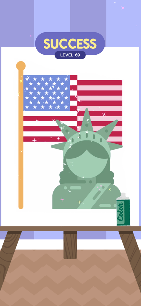 Stencil Art - Spray Masters - Un nivel completado en Stencil Art - Spray Masters con una pintura en stencil de la Estatua de la Libertad y la bandera de EE. UU.