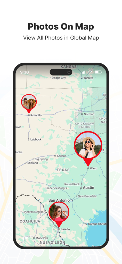 GPS Map Camera – GeoTag - 場所のピンが付いたジオタグ付きの写真が表示されているマップインターフェイス