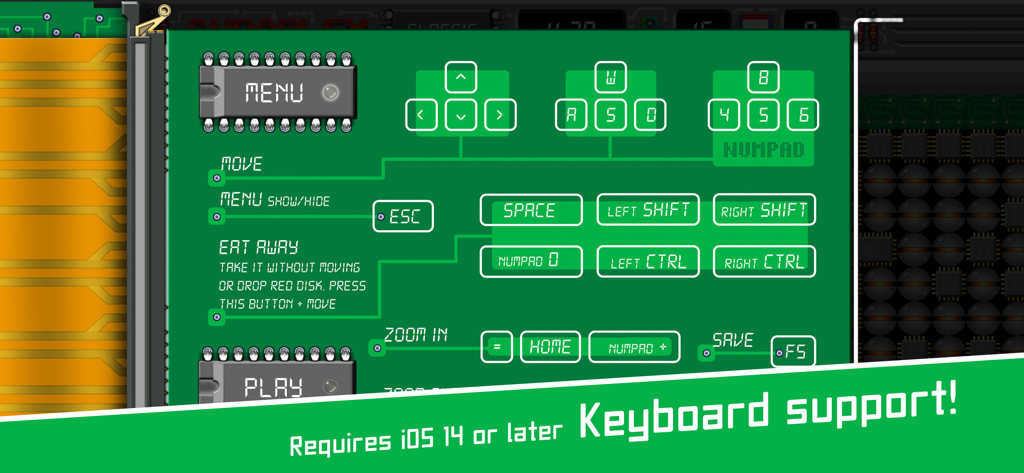 Supaplex - Supaplex game keyboard control mapping interface showing move and action keys on a green circuit board background.