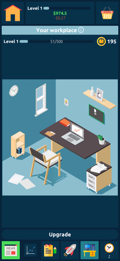 Vue isométrique d'un espace de bureau virtuel dans l'application de simulateur de jeu de bourse montrant un ordinateur portable avec un graphique boursier.