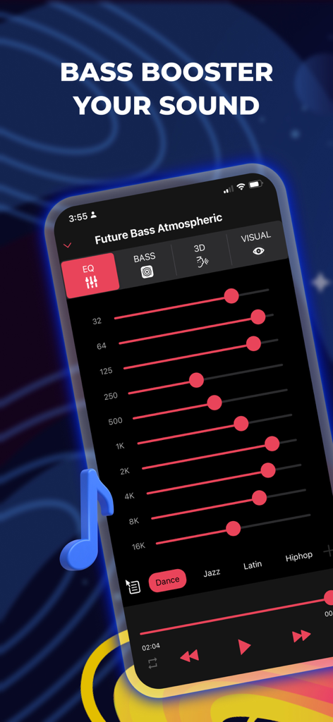 iEqualizer: Bass Booster Amp - Pantalla de la aplicación iEqualizer que muestra un ecualizador de 10 bandas con deslizadores para ajustar la frecuencia del sonido personalizado