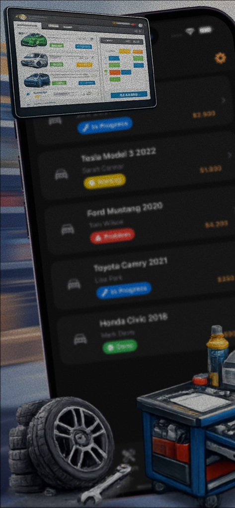 Mechanics Manager - Mechanics Manager mobile app screen displaying vehicle repair lists and shop workflow alongside a tool cart and tires