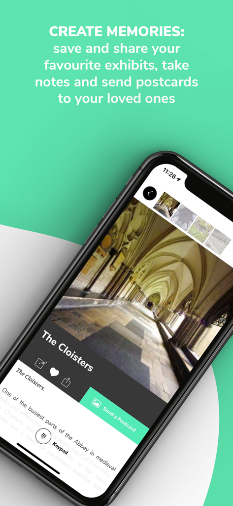 CloudGuide - Smartphone screen showing the CloudGuide app with the option to send a digital postcard from The Cloisters museum.