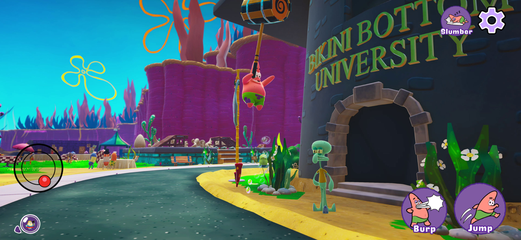 Patrick Star holding a hammer while jumping near Squidward at Bikini Bottom University