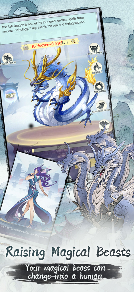 Infinite Cultivation - A blue dragon and its human form transformation in the Infinite Cultivation app