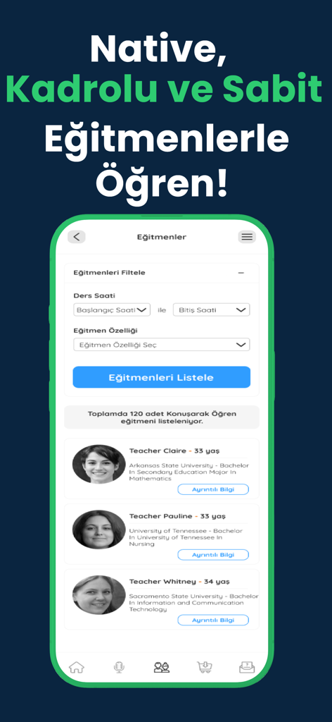 Konuşarak Öğren İngilizce - ネイティブ英語講師の一覧とそのプロフィールおよび資格を表示するKonusarak Ogrenアプリのインターフェース