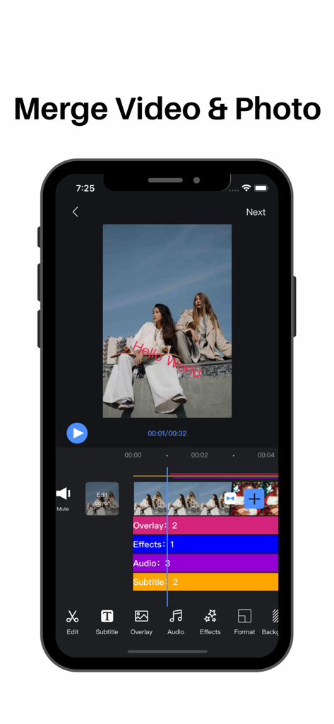 Video Editor : Video Maker，Cut - Una pantalla de teléfono móvil que muestra una interfaz de editor de vídeo con opciones para fusionar vídeos y fotos usando múltiples pistas de línea de tiempo