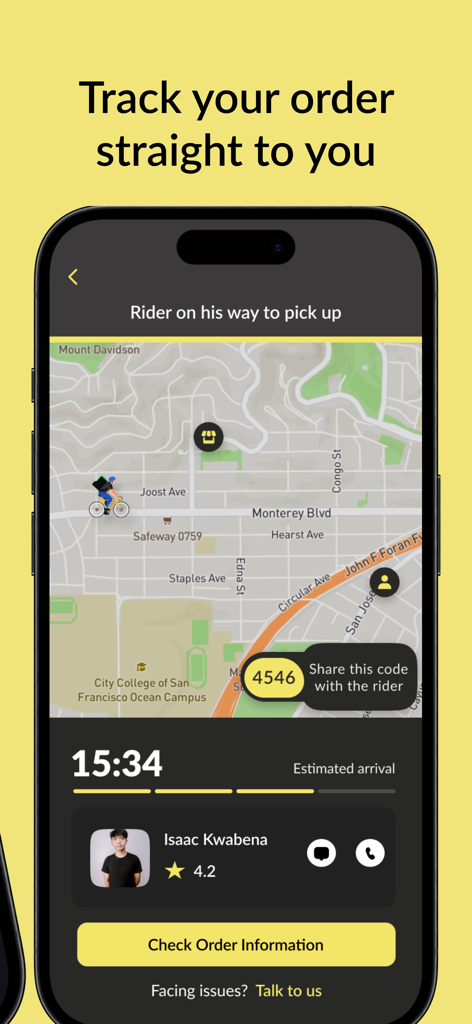 Night Market: Food Delivery - Real-time order tracking screen on the Night Market app showing a map and delivery rider information.