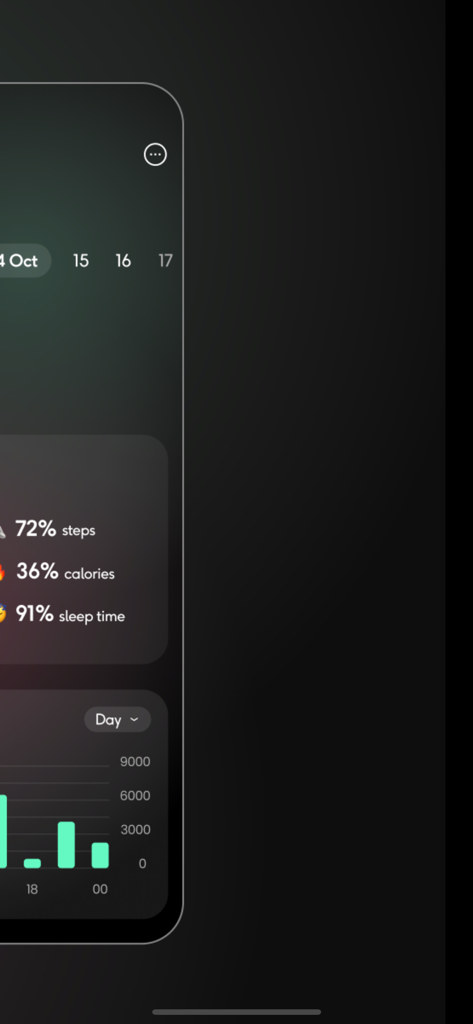 SmartWatch Sync BT Notifier - Panel de salud que muestra estadísticas de actividad de pasos, calorías y tiempo de sueño con un gráfico de barras