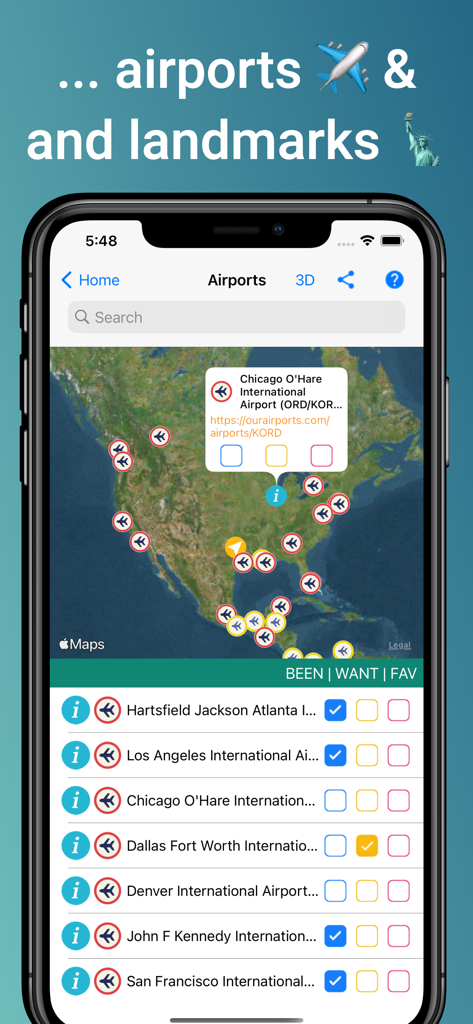 Places Been - Travel Tracker - Mobile app interface showing a map of North American airports with a checklist to track visited and bucket list locations