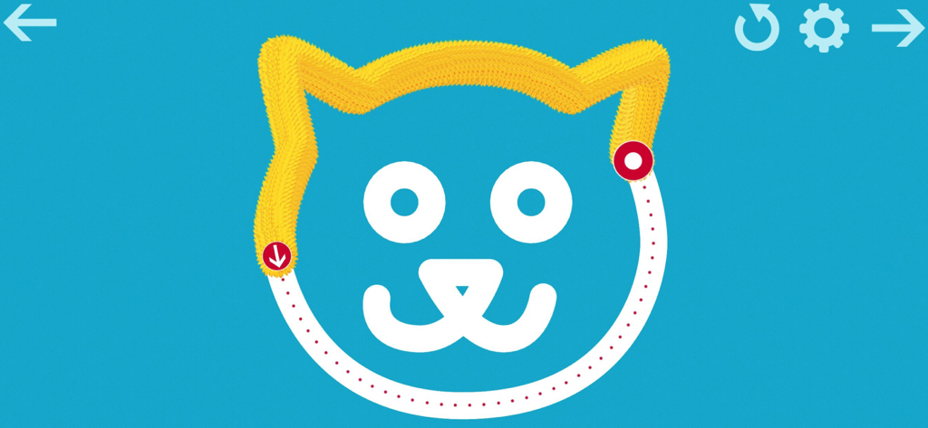 A child tracing a cat shape using a yellow fuzzy texture in the Cursive Writing Wizard app