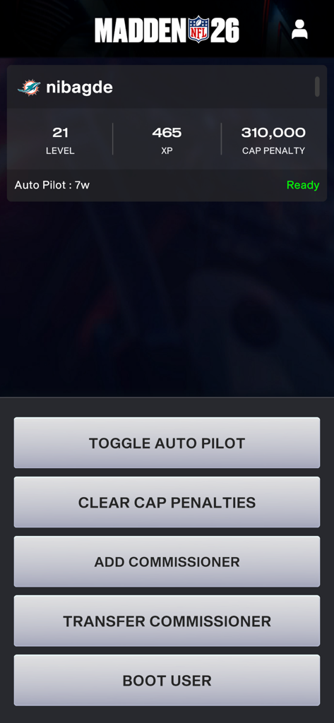 Madden NFL 26 Companion - Madden NFL 26 Companion app franchise management screen with administrative options to clear cap penalties and manage league commissioners