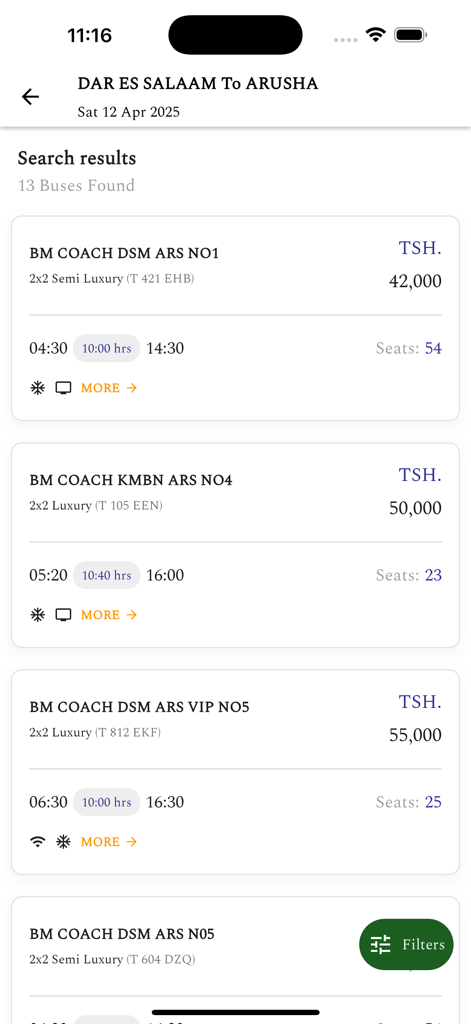 BM Coach - Bus search results in the BM Coach app showing trips from Dar Es Salaam to Arusha with different luxury classes and prices