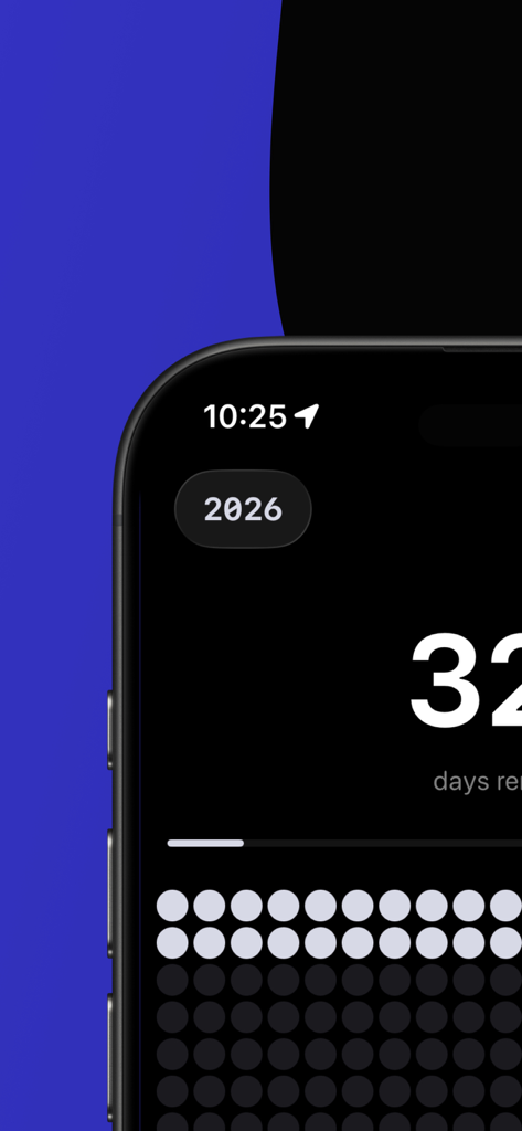TimeDot: Year & Life Progress - TimeDot mobile app interface displaying a minimalist dot grid and countdown for the year 2026.