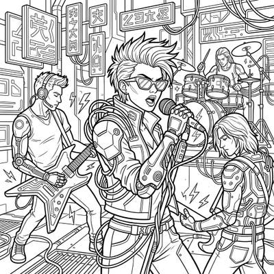 Get ready to electrify your coloring experience with this dynamic Cyberpunk Rock Musicians template. Bring to life a futuristic band performing in a high-tech urban landscape, complete with bionic details and intricate wiring.