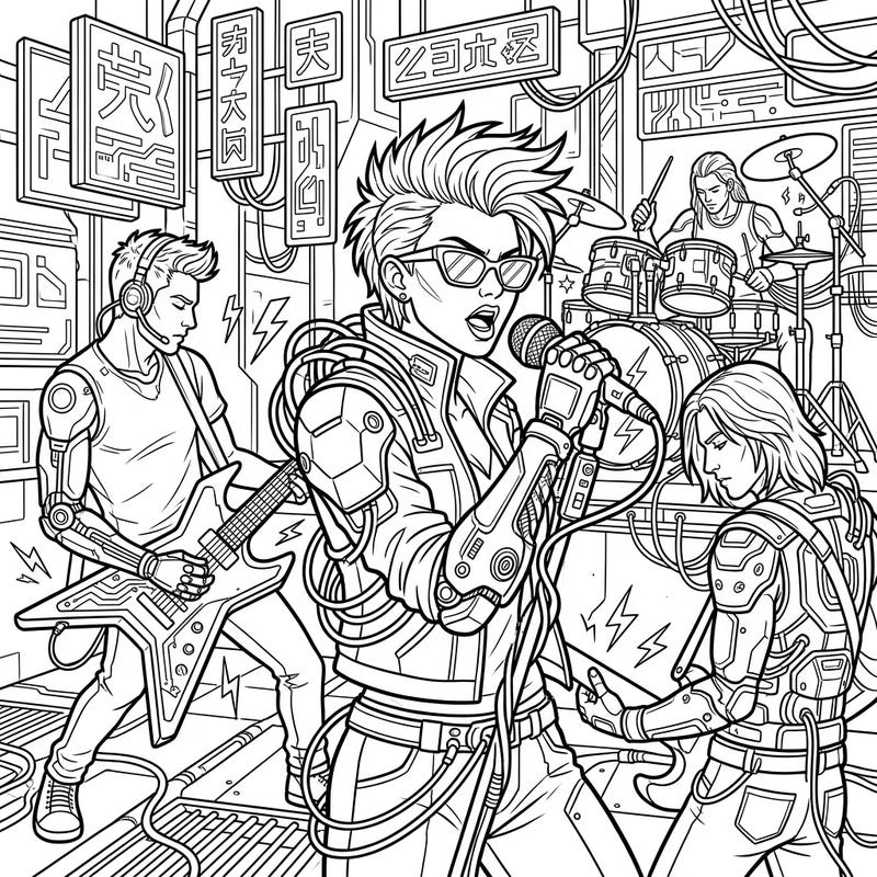 Get ready to electrify your coloring experience with this dynamic Cyberpunk Rock Musicians template. Bring to life a futuristic band performing in a high-tech urban landscape, complete with bionic details and intricate wiring.