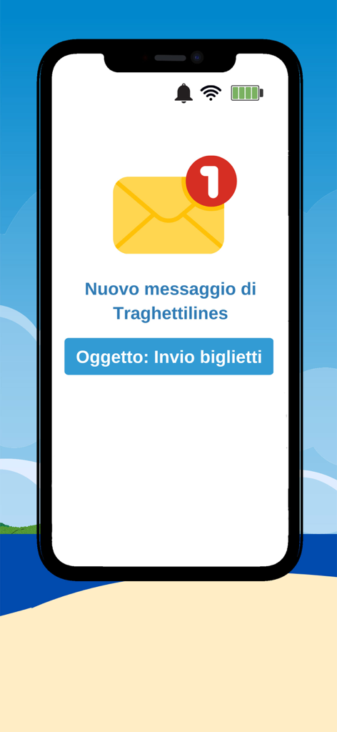 Traghettilines - Smartphone screen showing a new message notification for ferry tickets within the Traghettilines app
