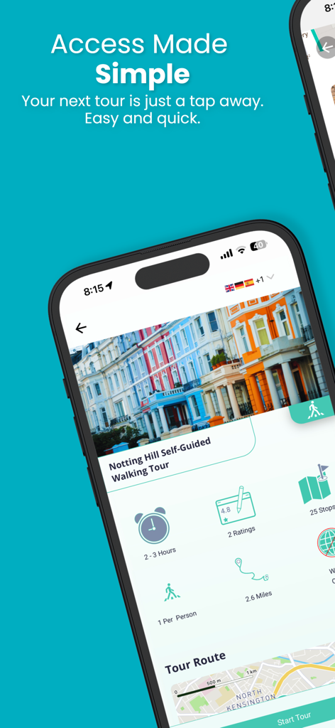 App interface showing a Notting Hill self-guided walking tour details and map.