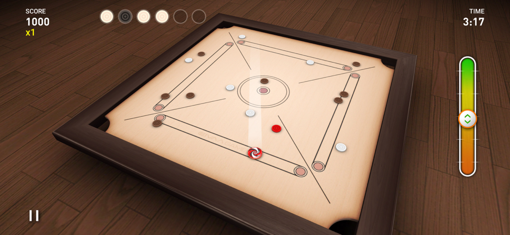 Top down 3D view of a carrom board with game pieces and user interface elements