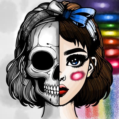 realistic girl with half skull mask