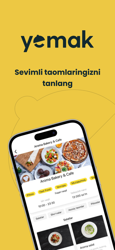 Yemak: Food delivery in Karshi - Yemak food delivery app screen showing a restaurant menu for Aroma Bakery and Cafe