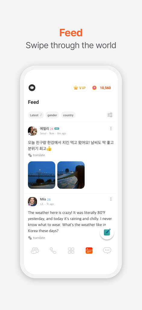 DaTalk app global feed showing user posts from different countries with real-time translation features