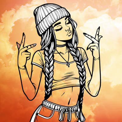 realistic teenage girl with braids and a beanie and crop top doing 🫶🏼