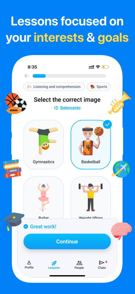 Idyoma: Language Exchange - A screenshot of the Idyoma app showing a language learning exercise where the user matches the word Baloncesto with a basketball image