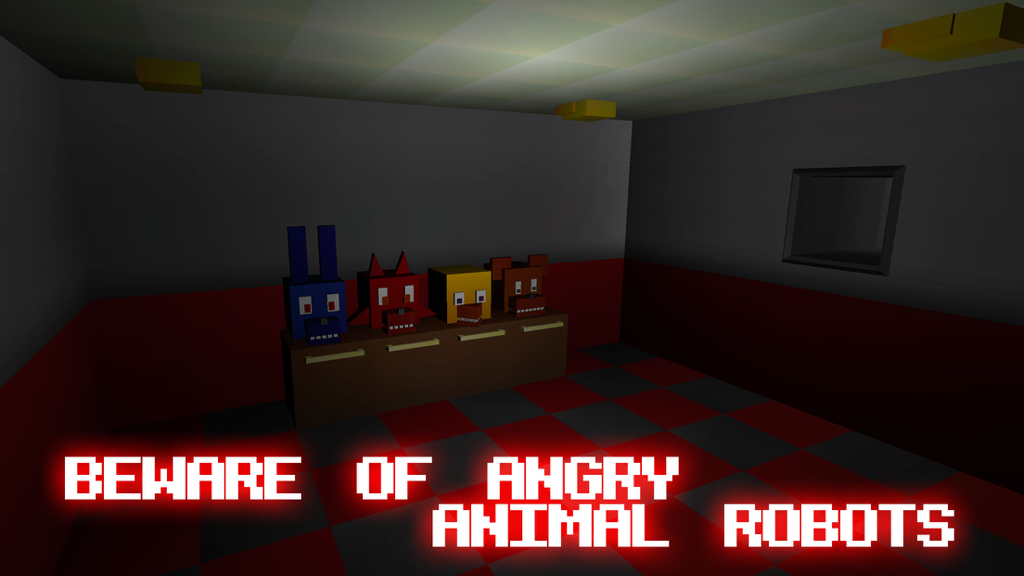 Nights at Scary Pizzeria 3D - Blocky animatronic animal heads on a counter in a dark pizzeria room