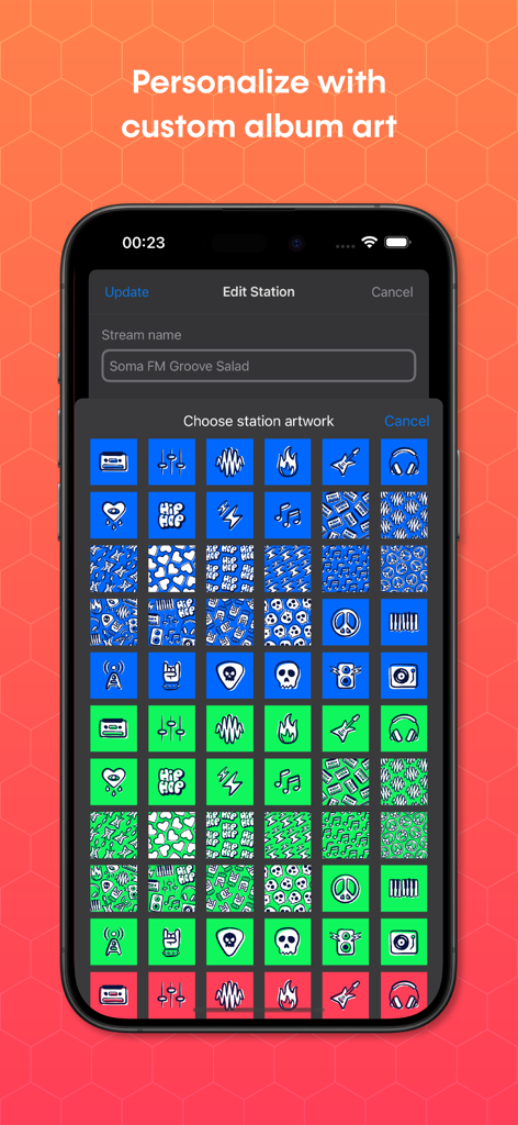 Custom station artwork and icon selection screen in the Eter internet radio app.