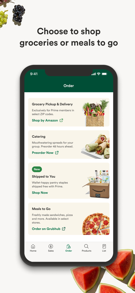 The Order screen of the Whole Foods Market app featuring options for grocery pickup, catering, shipped items, and meals to go.