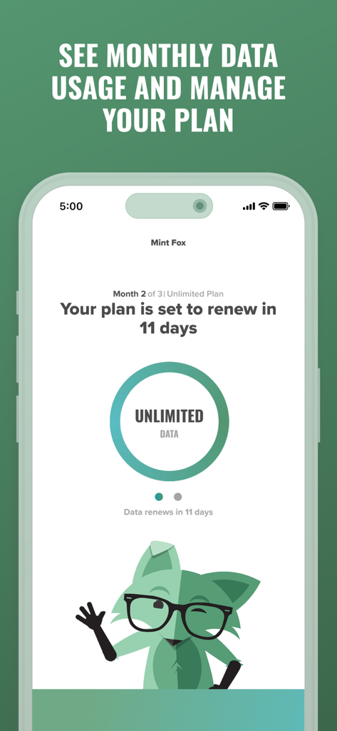 Mint Mobile - Mint Mobile app interface showing unlimited data usage and plan renewal status with the fox mascot