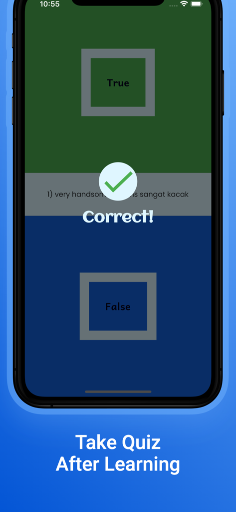 Una pantalla de la aplicación Aprendizaje de malayo para principiantes que muestra el resultado de un cuestionario con una marca de verificación verde y el texto Correcto.