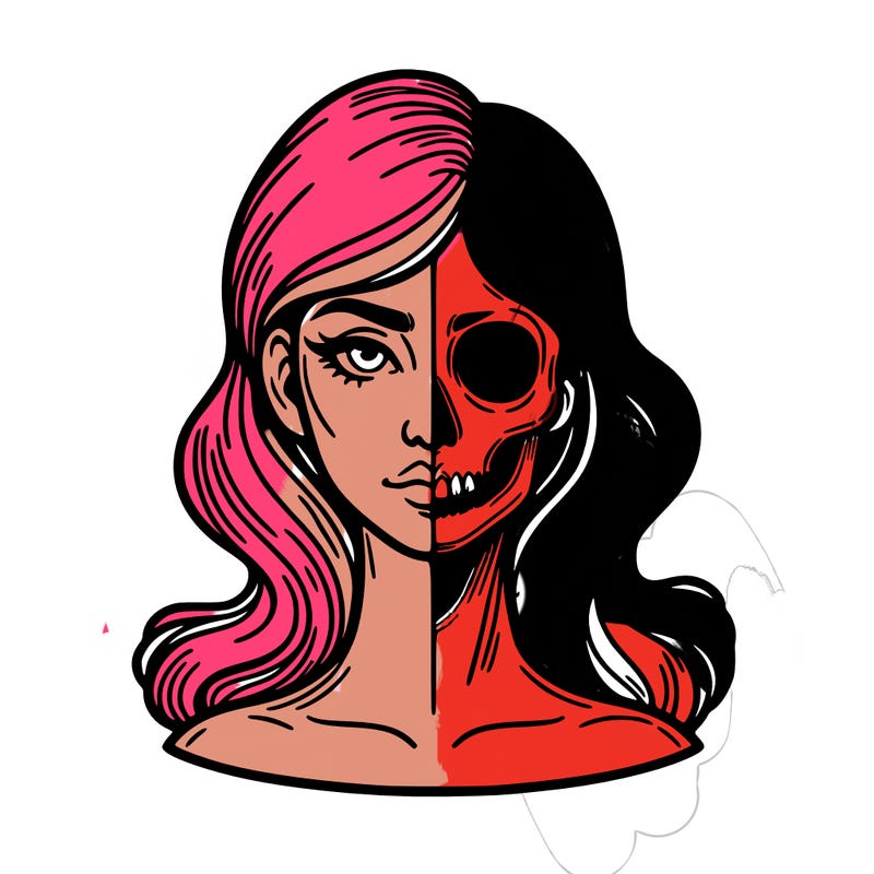 bust of a woman, half face and hair, half skull