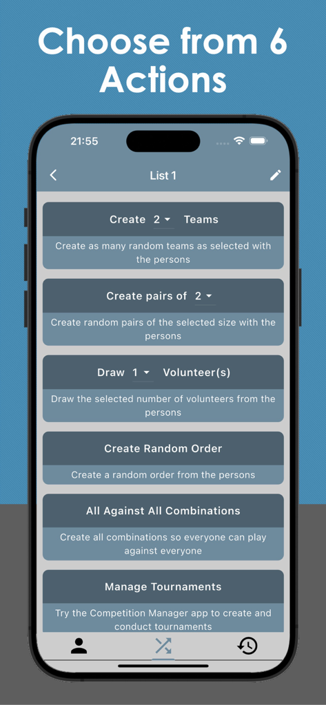 Team Creator and Generator app interface displaying six random group organization options.