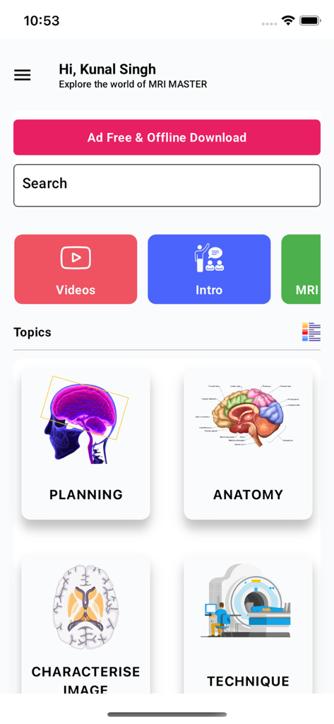 MRI MASTER - MRI MASTER app home screen showing study topics including MRI planning anatomy and technique