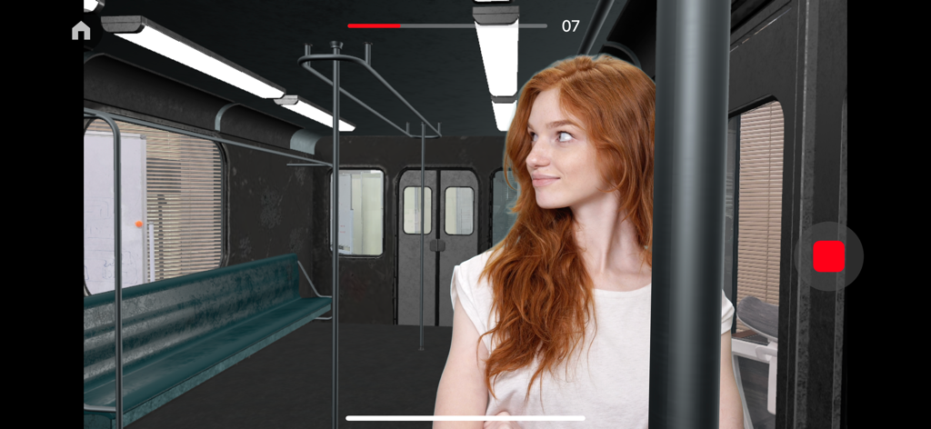 Beeble Camera - A woman recorded in a virtual 3D subway environment using Beeble Camera for real-time VFX compositing